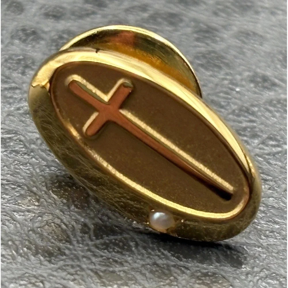 Vintage 10K Gold Fill Cross Lapel Pin Tie Tack Pearl Accent